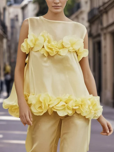 

Elegant Plain 3D Floral Crew Neck Blouse, Yellow, Blouses and Shirts