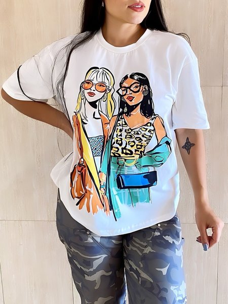 

Casual Figure Printing Crew Neck T-shirt, As picture, Tees