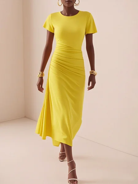 

Elegant Plain Asymmetric Crew Neck Midi Dress, Yellow, Midi Dresses