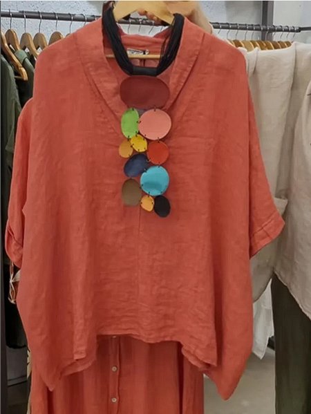 

V Neck Half Sleeve Plain Regular Micro-Elasticity Loose Shirt For Women, Red, Shirts