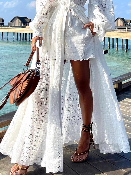 

Vacation Plain Embroidery Straight Pants Shorts, White, Shorts