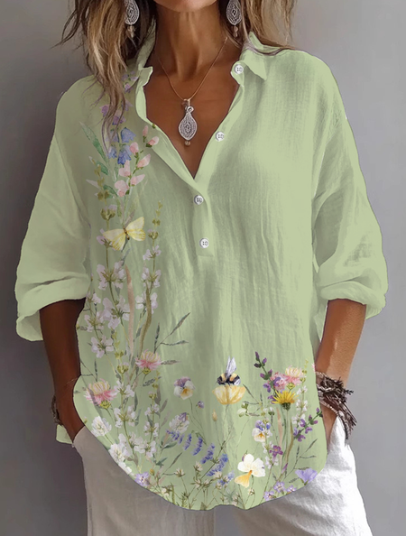 

Women Floral Long Sleeve Shirt Spring/Fall Printing Shirt Collar Daily Casual Top, Green, Shirts