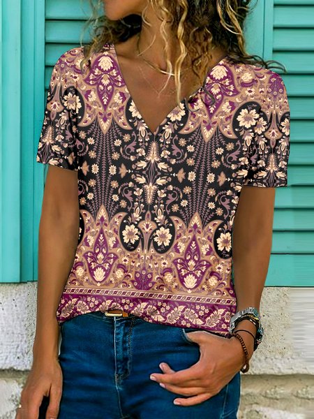 

Casual Floral V Neck Short Sleeve T-shirt, Purple, T-shirts
