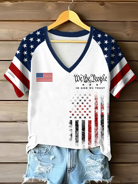 

Women Independence Day (Flag) Short Sleeve Tee T-shirt V Neck Printing Casual Summer Graphic Tee Top, White, T-Shirts