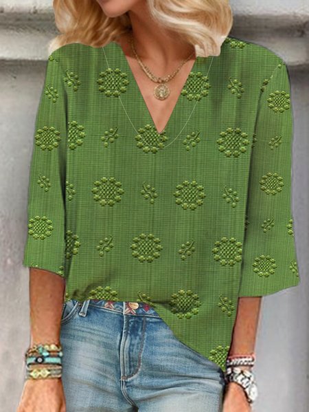 Women Floral Three Quarter Sleeve Blouse Spring/Fall Printing V Neck Daily Casual Top