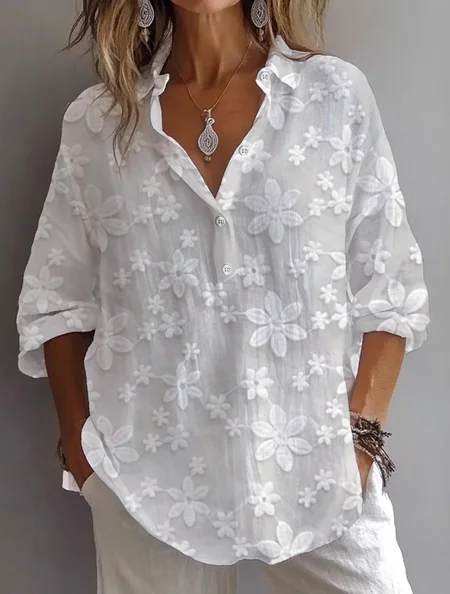 

Women Floral Long Sleeve Shirt Spring/Fall Printing Shirt Collar Daily Casual Top, White, Shirts