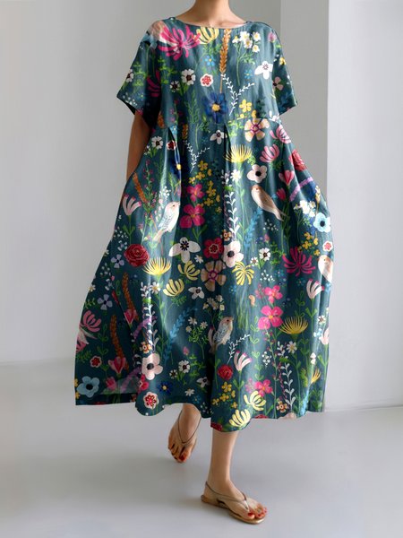 

Women Floral Summer Dress Crew Neck Short Sleeve A-Line Dress, Blue, Maxi