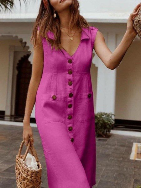 

Urban Plain V Neck Midi Dress, Rose red, Midi Dresses