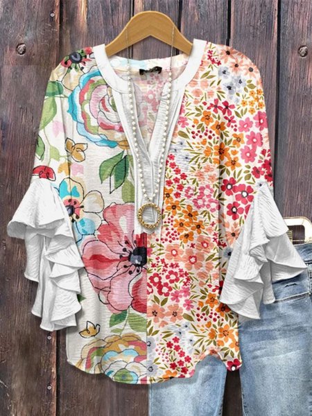 

V Neck Half Sleeve Floral Regular Micro-Elasticity Regular Fit Blouse For Women, White, Blouses