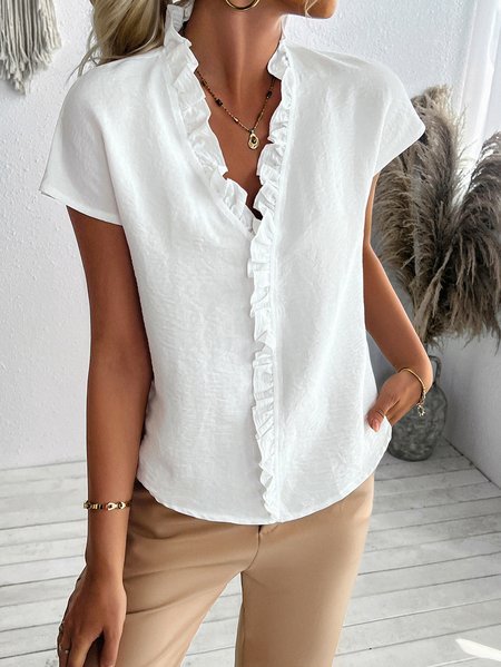 

Shirt Collar Short Sleeve Plain Regular Micro-Elasticity Regular Fit Shirt For Women, White, Shirts