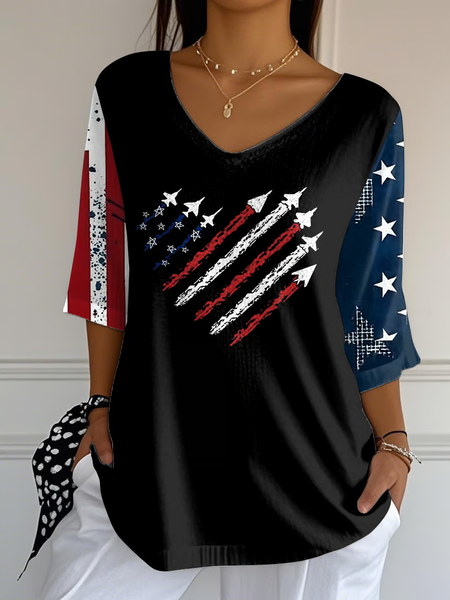 

Women Independence Day (Flag) Three Quarter Sleeve Tee T-shirt V Neck Printing Casual Spring/Fall Top, Black, T-Shirts