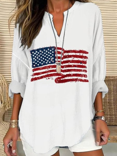 

V Neck Long Sleeve America Flag Regular Micro-Elasticity Regular Fit Shirt For Women, White, Shirts