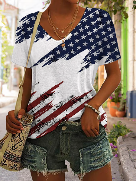 

Women Independence Day (Flag) Short Sleeve Tee T-shirt V Neck Printing Casual Summer Graphic Tee Top, White, T-Shirts