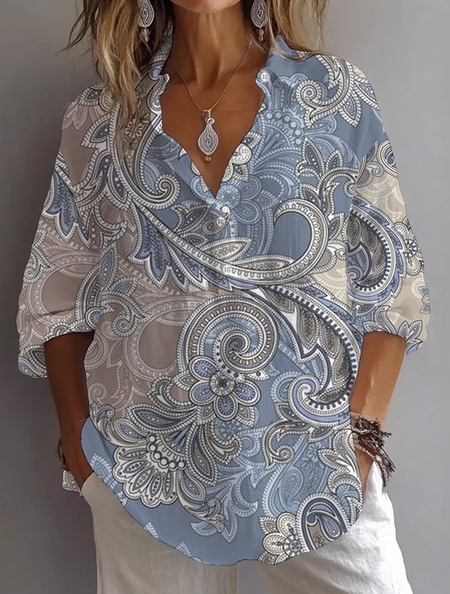 

Women Floral Long Sleeve Shirt Spring/Fall Printing Shirt Collar Daily Casual Top, Blue, Shirts
