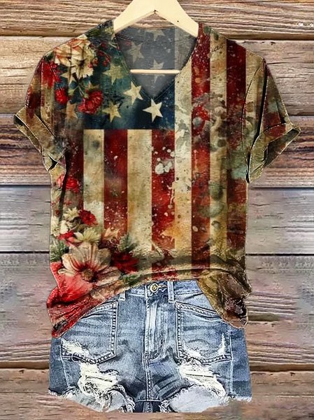

Women Floral Short Sleeve Tee T-shirt V Neck Printing Casual Summer Graphic Tee Top, As picture, T-Shirts