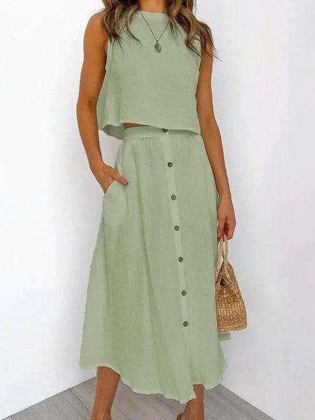 

Casual Plain Crew Neck Two-Piece Set, Green, Suits