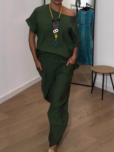 

Casual Plain Crew Neck Two-Piece Set, Army green, Suits