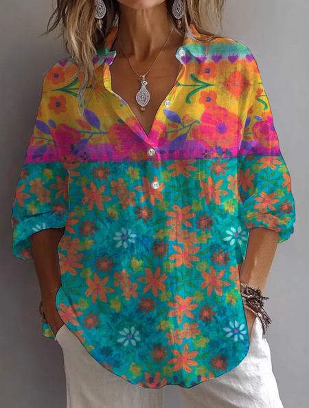 

Women Floral Long Sleeve Shirt Spring/Fall Printing Shirt Collar Daily Casual Top, Multicolor, Shirts