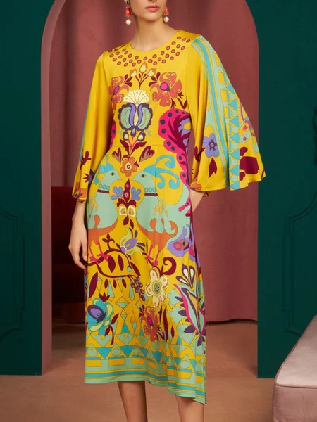 

Vacation Tropical Bell Sleeve Printing Midi Dress, As picture, Midi Dresses