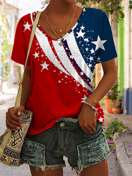 

Women Independence Day (Flag) Short Sleeve Tee T-shirt V Neck Printing Casual Summer Graphic Tee Top, Red, T-Shirts