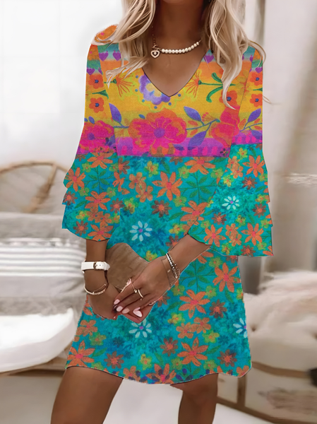 

Women Floral Half Sleeve Summer Printing Dress V Neck Daily Casual Maxi H-Line Dress, As picture, Casual Dresses