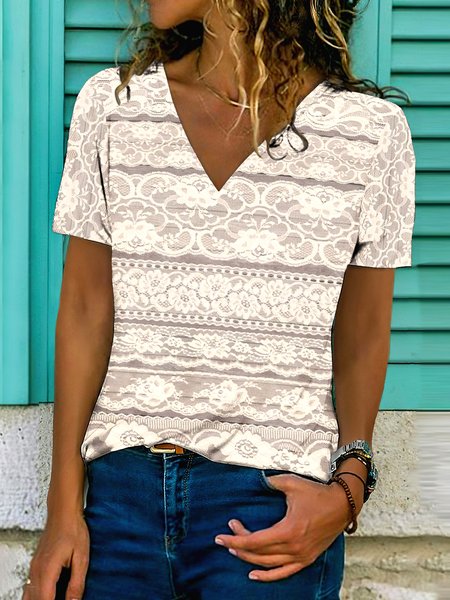 

Casual Floral V Neck Short Sleeve T-shirt, Apricot, T-shirts