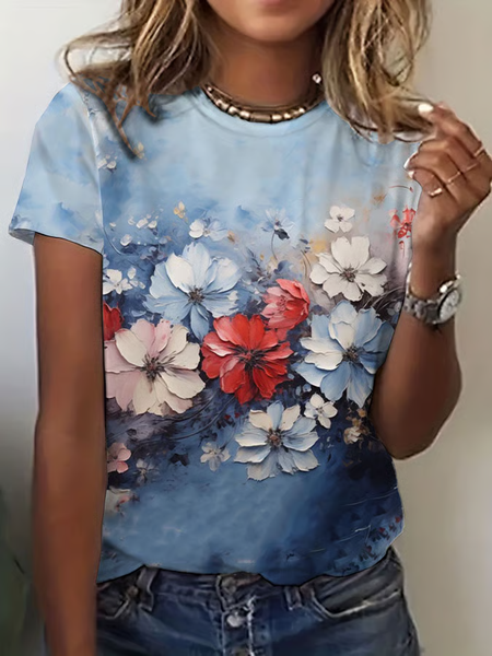 

Women Floral Short Sleeve Tee T-shirt Crew Neck Printing Casual Summer Graphic Tee Top, Blue, T-Shirts