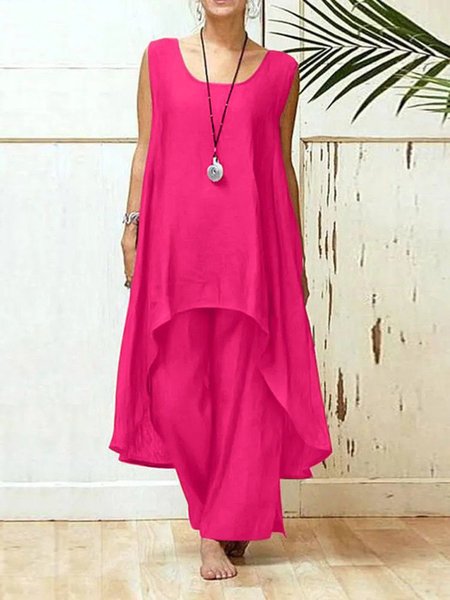 

Casual Plain Crew Neck Two-Piece Set, Deep pink, Suits