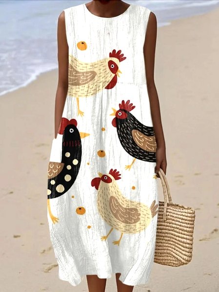 

Women Striped Summer Dress Crew Neck Sleeveless A-Line Dress, White, Maxi