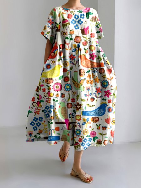 

Women Floral Summer Dress Crew Neck Short Sleeve A-Line Dress, White, Maxi