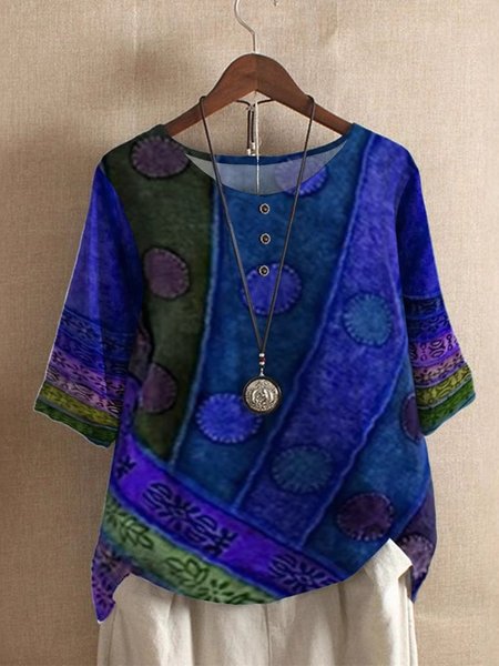 

Women Geometric Short Sleeve Tee T-shirt V Neck Vintage Summer Top, Blue, T-Shirts