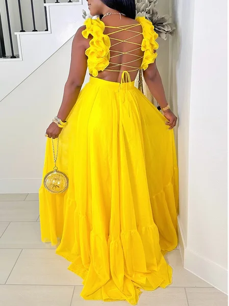 

Vacation Plain Lace Spaghetti Maxi Dress, Yellow, Maxi Dresses