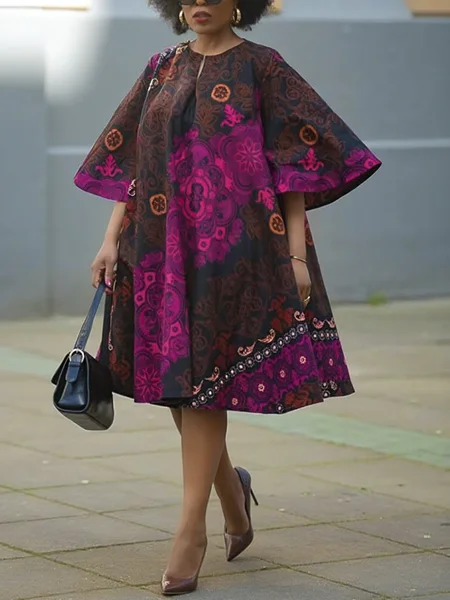 

Elegant Random Print Bell Sleeve Printing Crew Neck Knee Length Dress, As picture, Midi Dresses