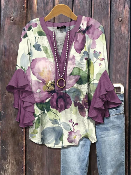 

Women Floral Half Sleeve Shirt Summer Printing V Neck Daily Casual Top, Purple, Shirts