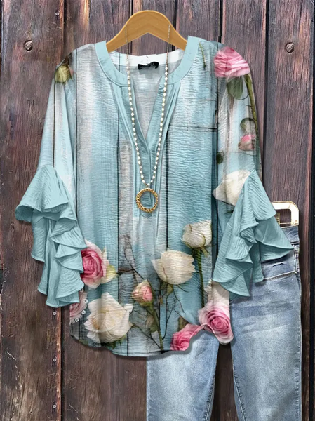 

Women Floral Half Sleeve Shirt Summer Printing V Neck Daily Casual Top, Blue, Shirts