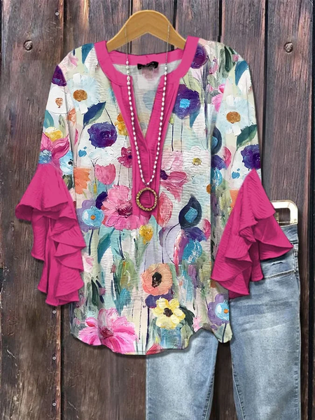 

V Neck Half Sleeve Floral Printing Regular Loose Shirt For Women, Purple, Blouses