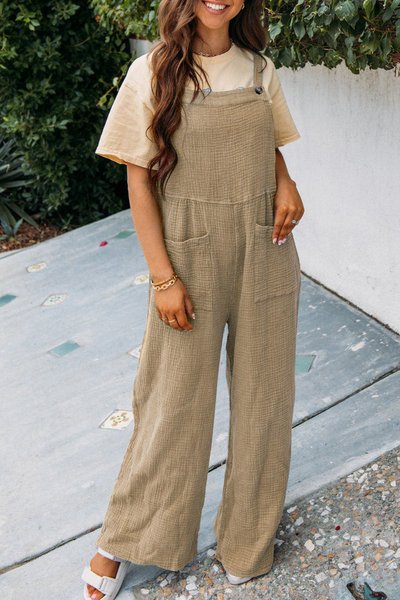 

Women Plain Spaghetti Sleeveless Casual Summer Jumpsuit, Khaki, Jumpsuits＆Rompers