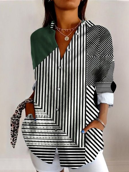 

V Neck Long Sleeve Geometric Regular Micro-Elasticity Regular Fit Shirt For Women, White, Shirts