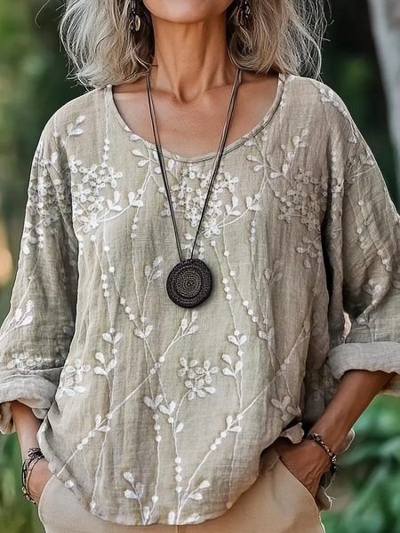 

Women Floral Three Quarter Sleeve Tee T-shirt Crew Neck Printing Casual Spring/Fall Top, Khaki, T-Shirts