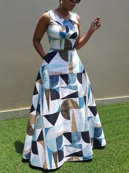 

Casual Abstract Graphic Printing Crew Neck Maxi Dress, As picture, Maxi Dresses