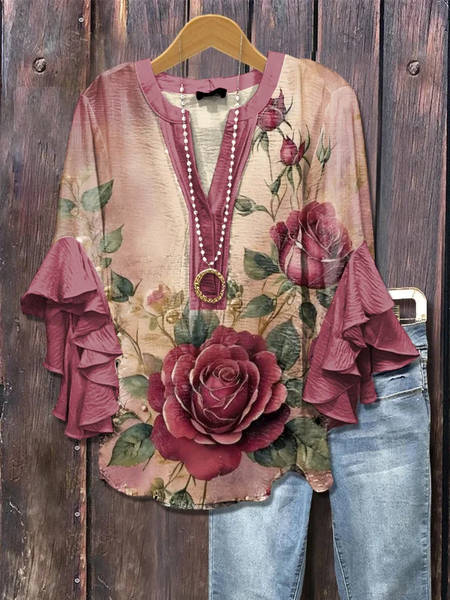 

V Neck Half Sleeve Floral Printing Regular Loose Shirt For Women, Burgundy, Blouses