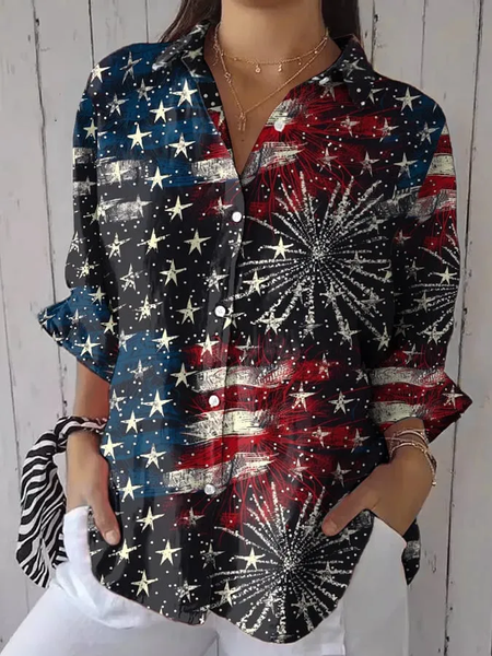 

Shirt Collar Long Sleeve Flag Lightweight Regular Fit Shirt For Women, Deep blue, Shirts