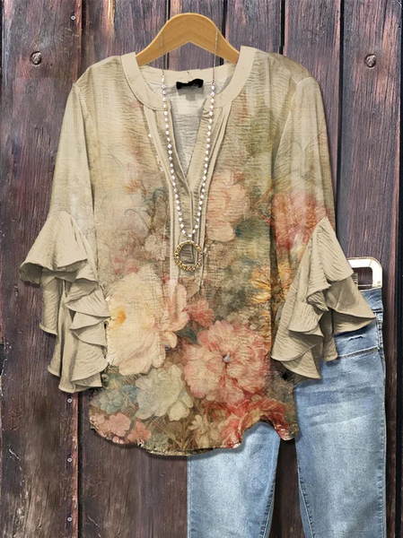 

V Neck Half Sleeve Floral Printing Regular Loose Shirt For Women, Oatmeal, Blouses