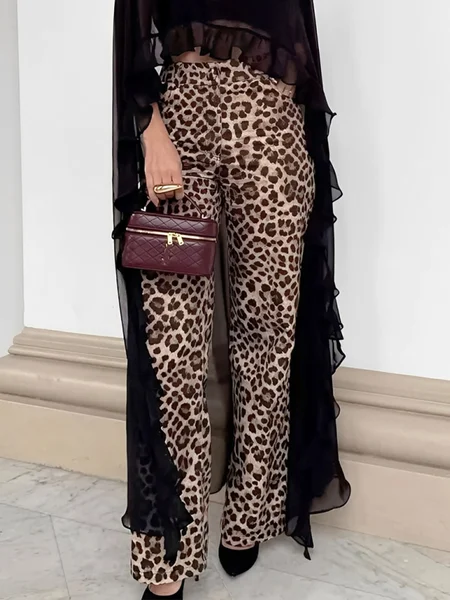 

Urban Leopard Printing Straight Pants, As picture, Pants