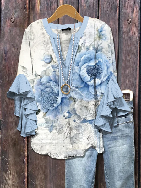 

V Neck Half Sleeve Floral Printing Regular Loose Shirt For Women, Blue, Blouses