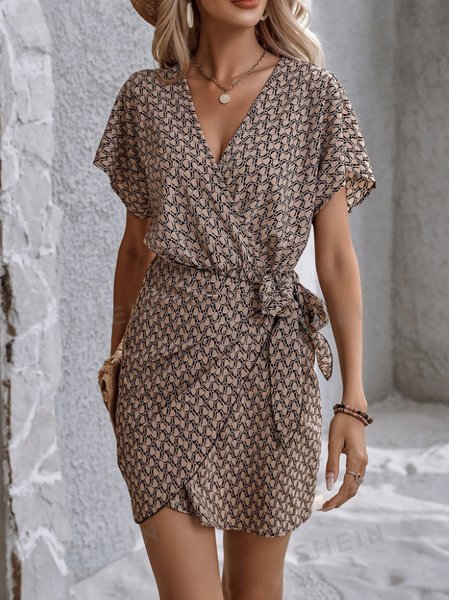 

Women Geometric Short Sleeve Summer Asymmetric Dress V Neck Dolman Sleeve Daily Vintage Midi Tank A-Line Dress, Khaki, Dresses