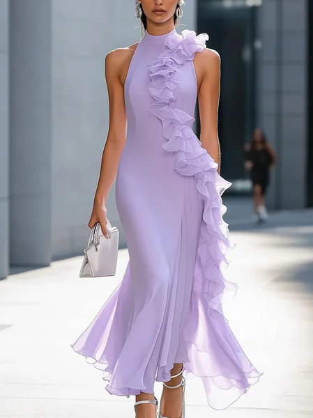 

Elegant Plain Ruched Stand Collar Maxi Dress, Purple, Midi Dresses