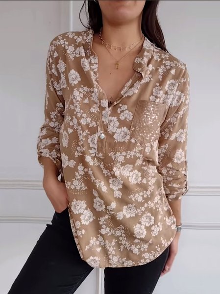

Shirt Collar Long Sleeve Floral Regular Micro-Elasticity Regular Fit Shirt For Women, Brown, Shirts