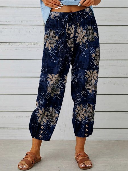 

Women Geometric Ankle Pants Elastic Waist Pants Vintage Spring/Fall Trousers, Navyblue, Pants