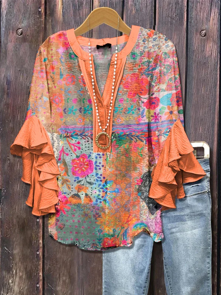 

V Neck Half Sleeve Floral Printing Regular Loose Shirt For Women, Orange, Blouses
